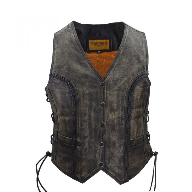 Womens Longer Cut Distressed Brown Cowhide Leather Motorcycle Vest