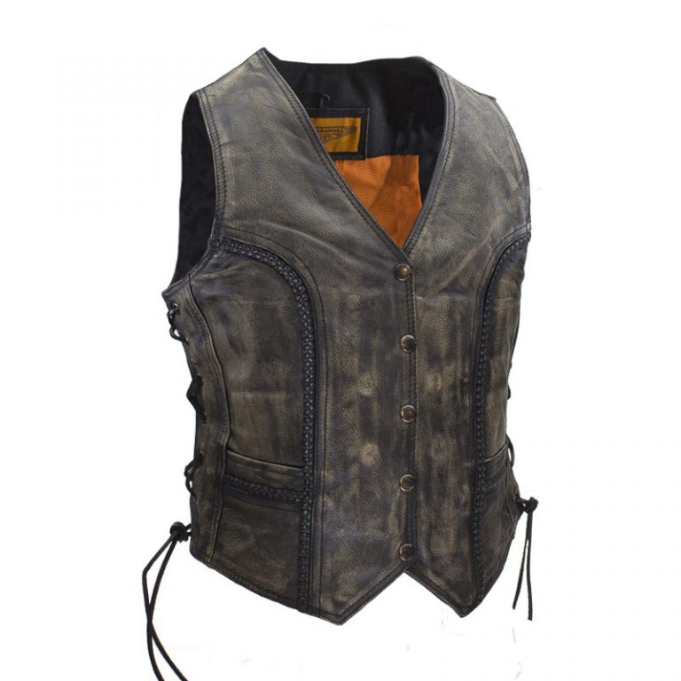 Womens Longer Cut Distressed Brown Cowhide Leather Motorcycle Vest
