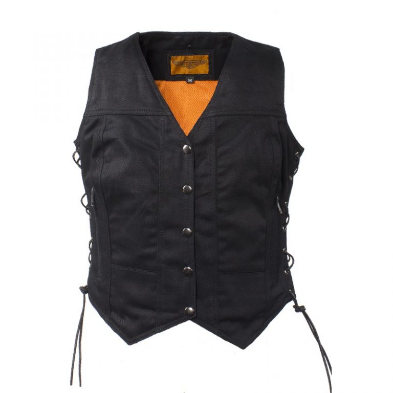 Womens Black Denim Motorcycle Vest With Side Laces BNLV310BD