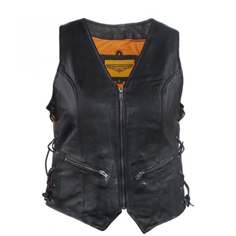 Womens Leather Motorcycle Zip Up Leather Vest With Concealed Carry