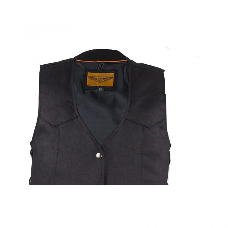 Womens Black Denim Vest with Leather Side Laces BNLV8517BD Bikers